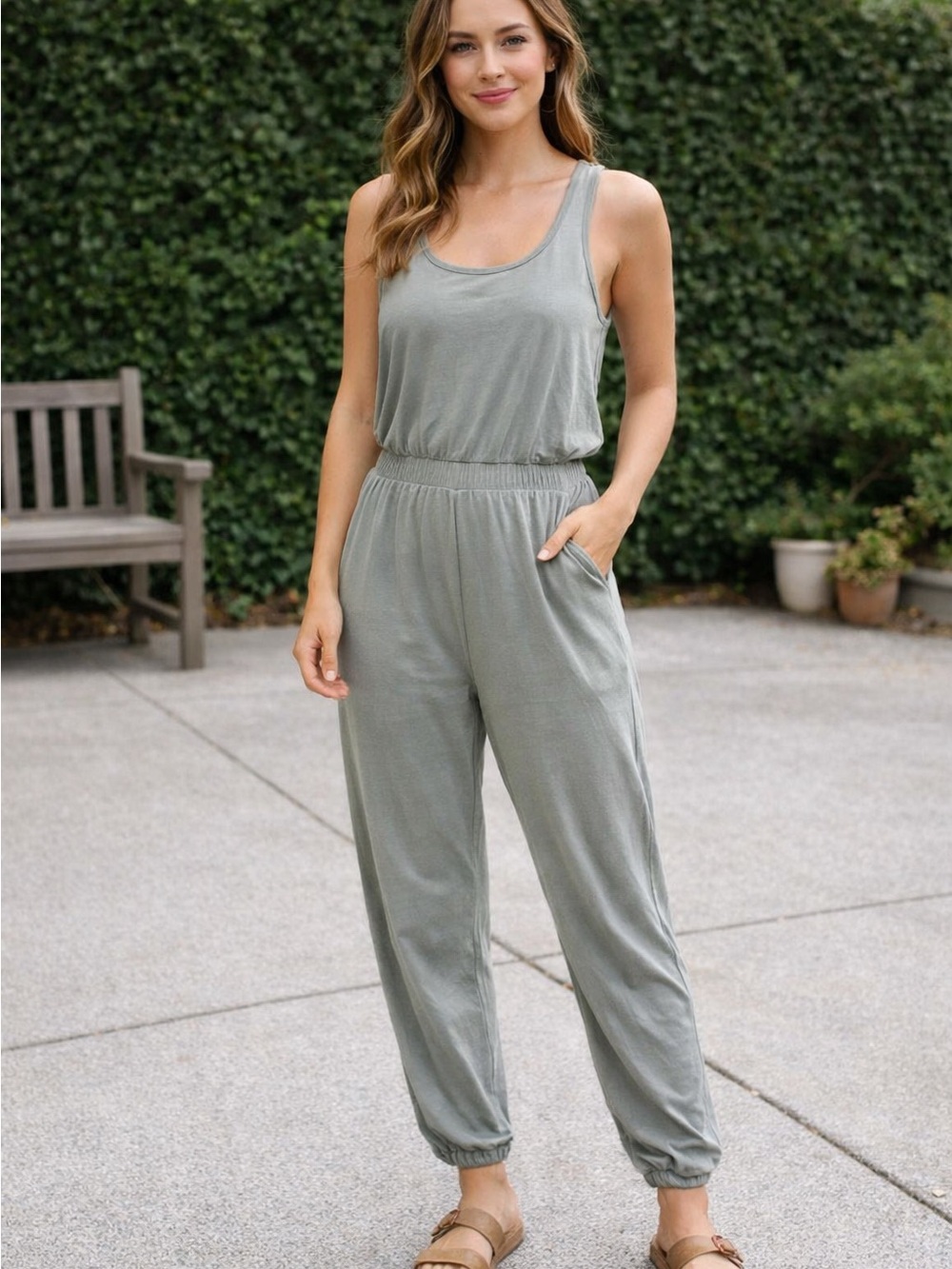 EUC Aerie Knit Sleeveless Jogger Jumpsuit - XS - Light Olive